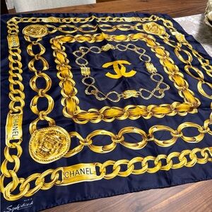 CHANEL authentic navy gold silk scarf with box